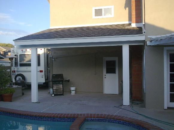 Backyard home remodel Shingled patio cover